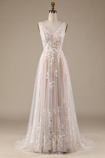 Champagne V-hals Rygglös Tyll Bröllopsklänning med Spets